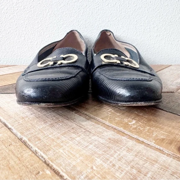 Salvador Ferragamo Black Loafers with Gold Accent - Picture 6 of 14